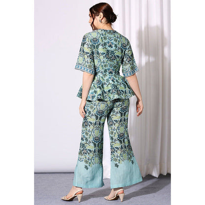 Soup by Sougat Paul Aqua V-Neck Floral Half Sleeves Top with Palazzo
