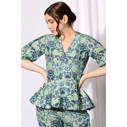 Soup by Sougat Paul Aqua V-Neck Floral Half Sleeves Top with Palazzo