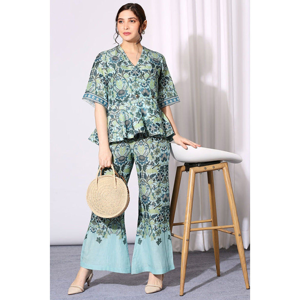 Soup by Sougat Paul Aqua V-Neck Floral Half Sleeves Top with Palazzo