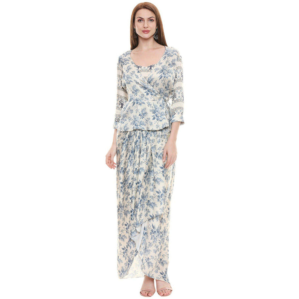 Soup by Sougat Paul Blue Round Neck Floral Three Fourth Sleeves Top with Skirt