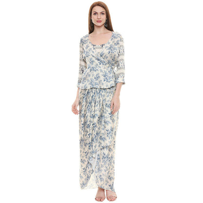 Soup by Sougat Paul Blue Round Neck Floral Three Fourth Sleeves Top with Skirt