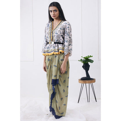 Soup by Sougat Paul Multi-Color V-Neck Floral Three Fourth Sleeves Top with Skirt