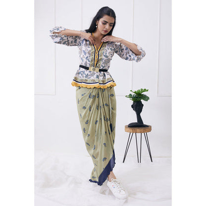 Soup by Sougat Paul Multi-Color V-Neck Floral Three Fourth Sleeves Top with Skirt