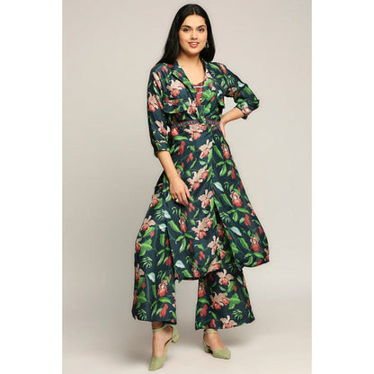 Soup by Sougat Paul Green Notched Lapel Floral Top with Palazzo and Jacket