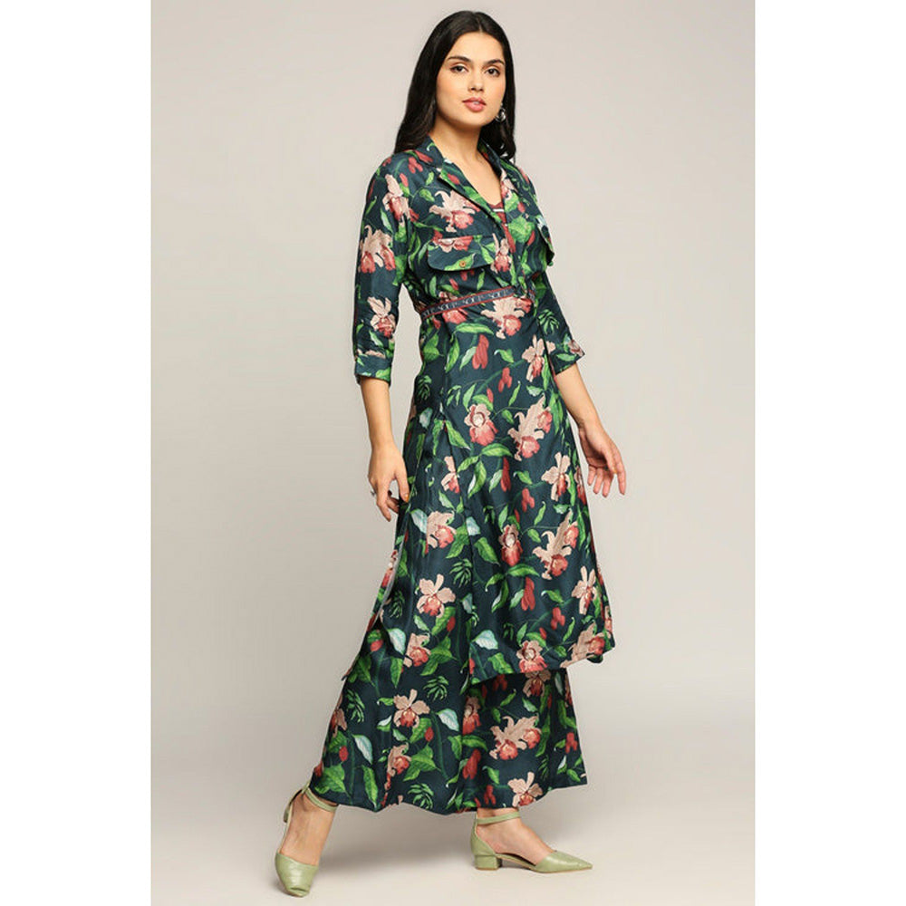 Soup by Sougat Paul Green Notched Lapel Floral Top with Palazzo and Jacket