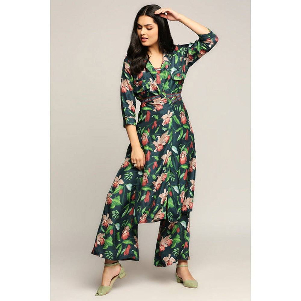 Soup by Sougat Paul Green Notched Lapel Floral Top with Palazzo and Jacket