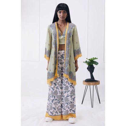 Soup by Sougat Paul Multi-Color V-Neck Floral Three Fourth Sleeves Top with Palazzo and Jacket