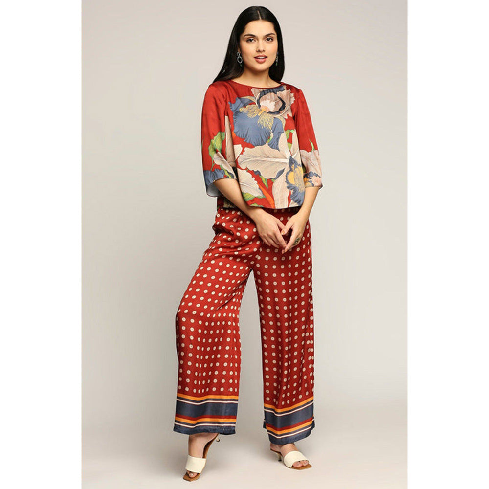 Soup by Sougat Paul Maroon Round Neck Floral Three Fourth Sleeves Top with Palazzo