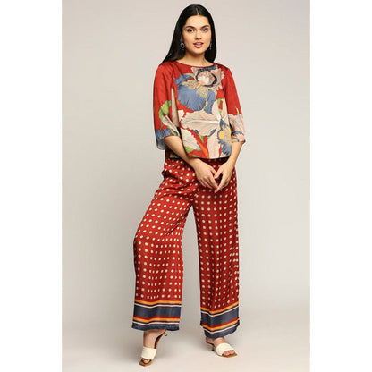 Soup by Sougat Paul Maroon Round Neck Floral Three Fourth Sleeves Top with Palazzo