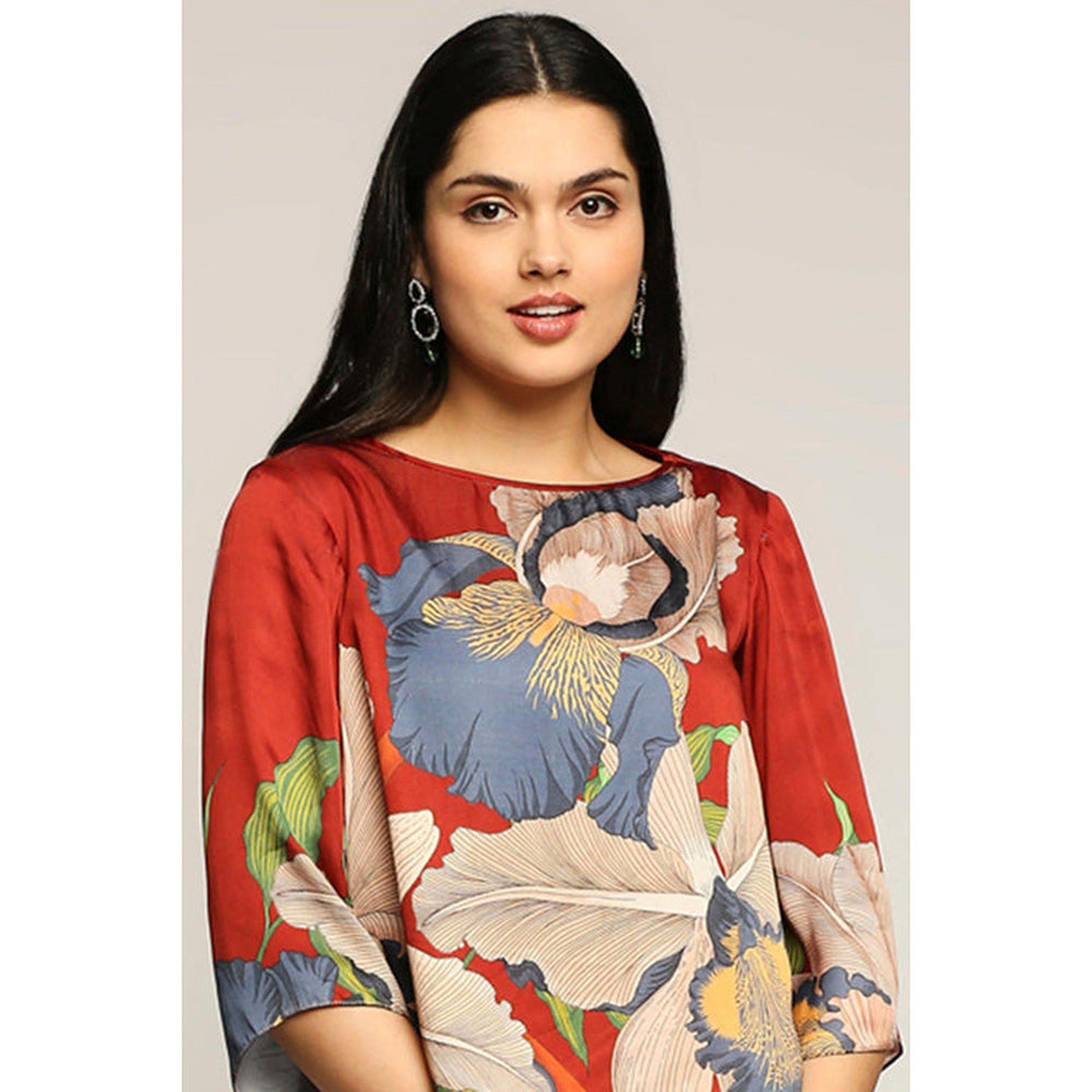 Soup by Sougat Paul Maroon Round Neck Floral Three Fourth Sleeves Top with Palazzo