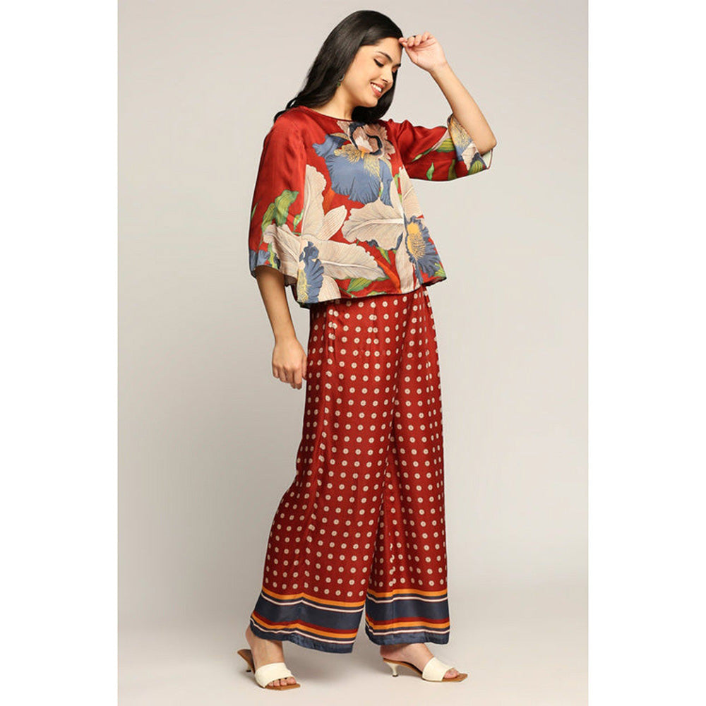 Soup by Sougat Paul Maroon Round Neck Floral Three Fourth Sleeves Top with Palazzo