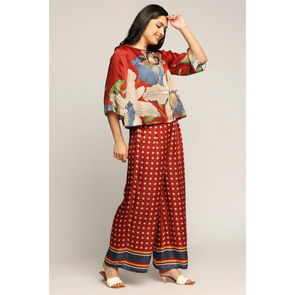 Soup by Sougat Paul Maroon Round Neck Floral Three Fourth Sleeves Top with Palazzo