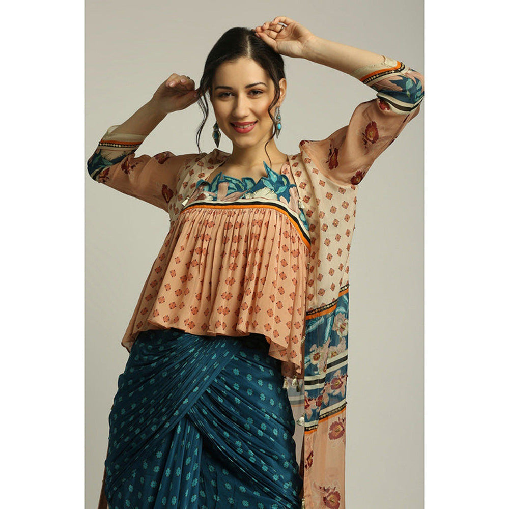 Soup by Sougat Paul Multi-Color Round Neck Floral Top with Skirt and Jacket