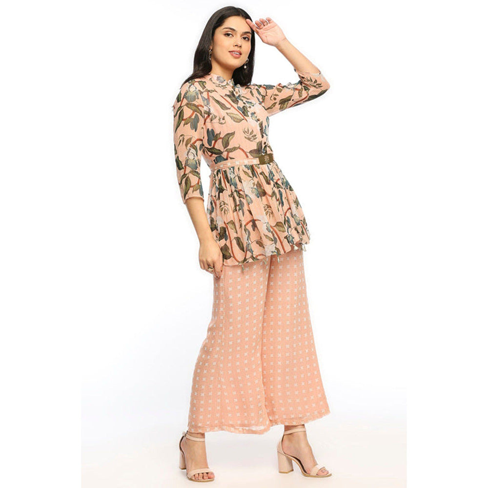 Soup by Sougat Paul Peach Sweetheart Floral Three Fourth Sleeves Top with Palazzo