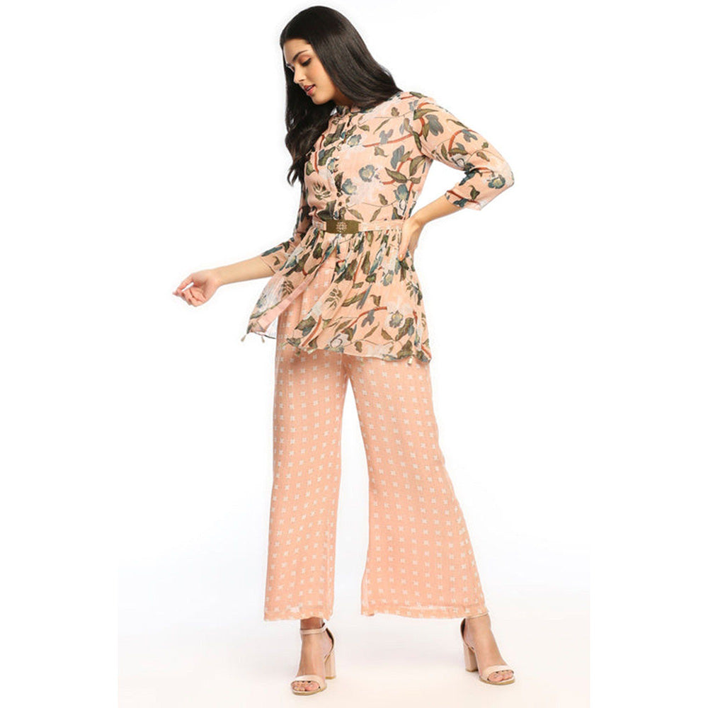 Soup by Sougat Paul Peach Sweetheart Floral Three Fourth Sleeves Top with Palazzo