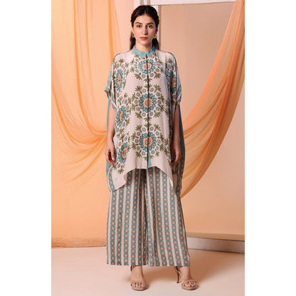 Soup by Sougat Paul Beige Mandarin Neck Floral Half Sleeves Top with Palazzo