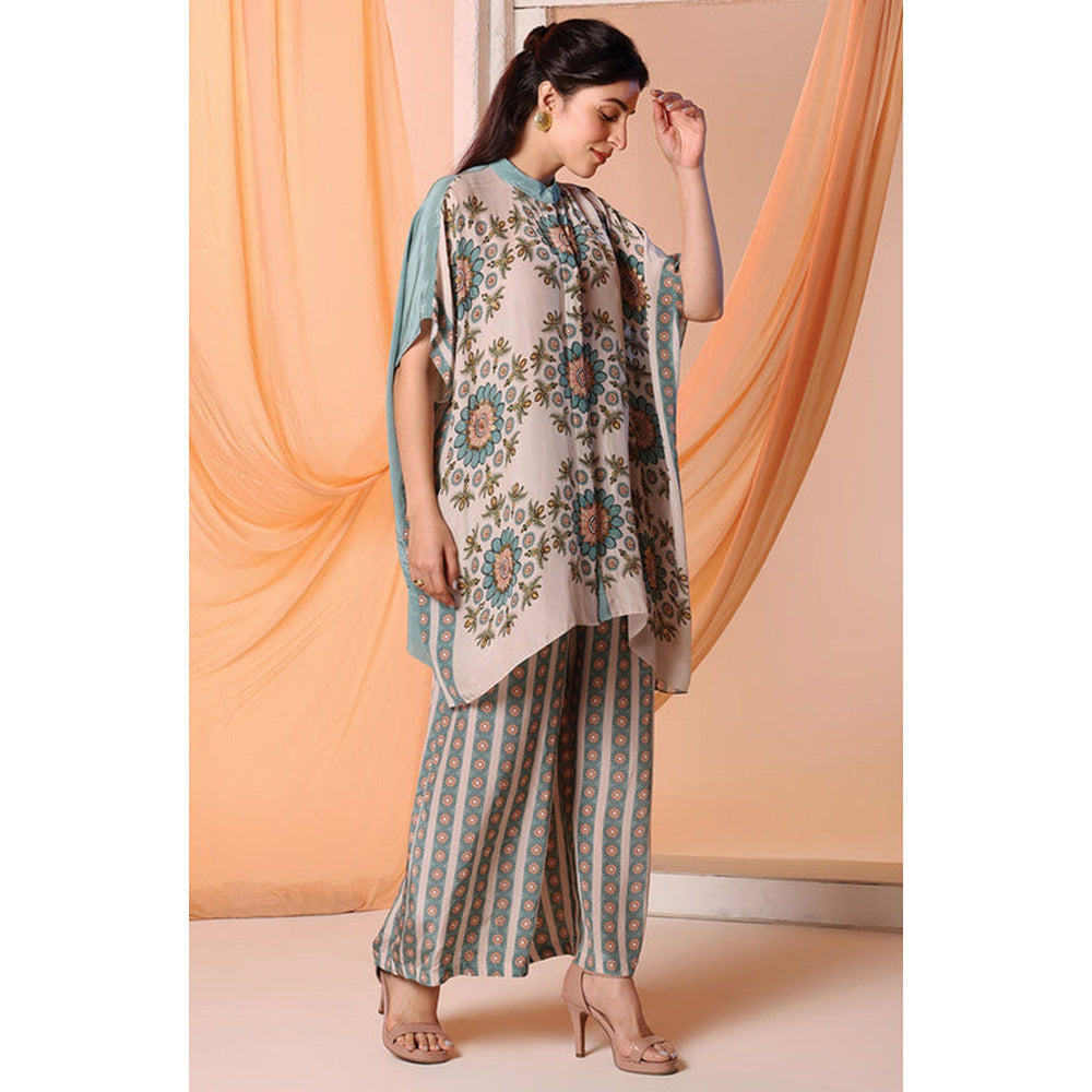 Soup by Sougat Paul Beige Mandarin Neck Floral Half Sleeves Top with Palazzo