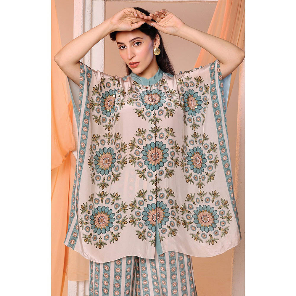 Soup by Sougat Paul Beige Mandarin Neck Floral Half Sleeves Top with Palazzo