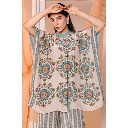 Soup by Sougat Paul Beige Mandarin Neck Floral Half Sleeves Top with Palazzo