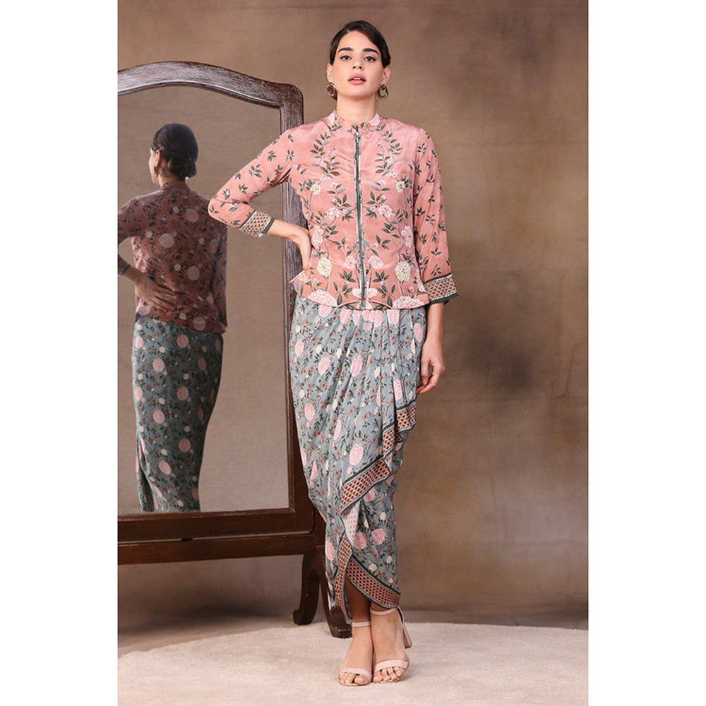 Soup by Sougat Paul Multi-Color Round Neck Floral Three Fourth Sleeves Top with Skirt