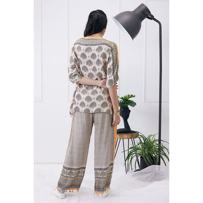 Soup by Sougat Paul Beige Mandarin Neck Printed Half Sleeves Top with Pant Co-Ord