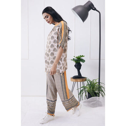 Soup by Sougat Paul Beige Mandarin Neck Printed Half Sleeves Top with Pant Co-Ord