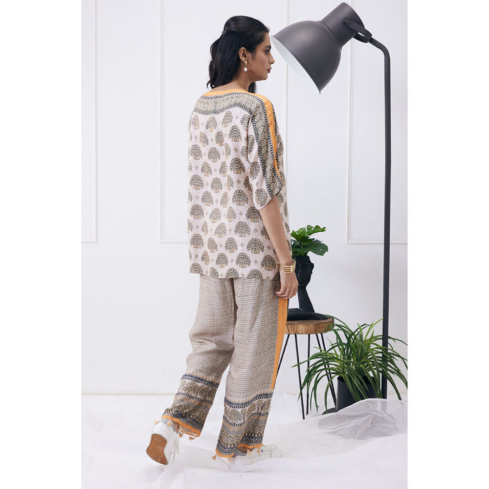 Soup by Sougat Paul Beige Mandarin Neck Printed Half Sleeves Top with Pant Co-Ord