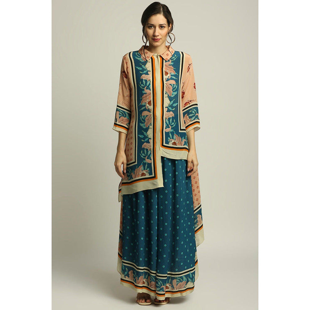 Soup by Sougat Paul Teal Blue Printed Three Fourth Sleeves Top with Palazzo