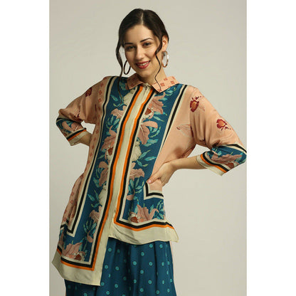 Soup by Sougat Paul Teal Blue Printed Three Fourth Sleeves Top with Palazzo