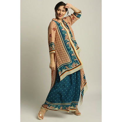 Soup by Sougat Paul Teal Blue Printed Three Fourth Sleeves Top with Palazzo