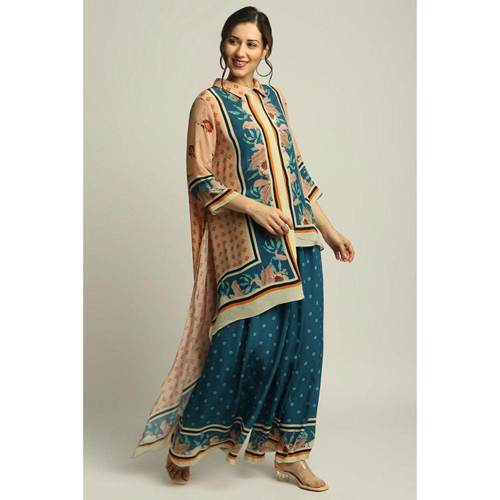 Soup by Sougat Paul Teal Blue Printed Three Fourth Sleeves Top with Palazzo