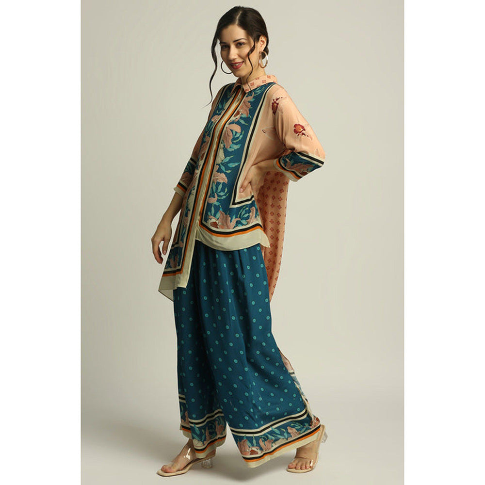Soup by Sougat Paul Teal Blue Printed Three Fourth Sleeves Top with Palazzo