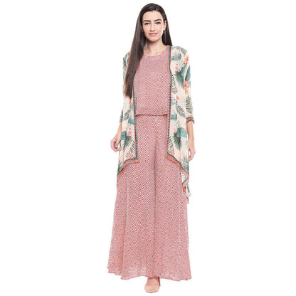 Soup by Sougat Paul Red Mandarin Neck Printed Three Fourth Sleeves Top with Palazzo and Jacket