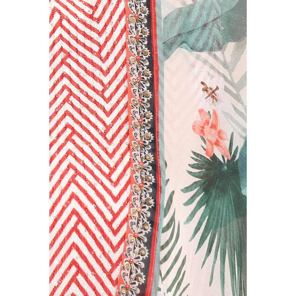 Soup by Sougat Paul Red Mandarin Neck Printed Three Fourth Sleeves Top with Palazzo and Jacket