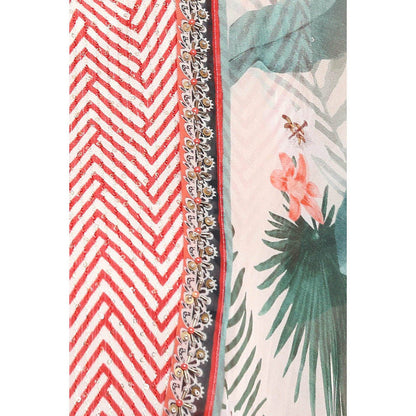 Soup by Sougat Paul Red Mandarin Neck Printed Three Fourth Sleeves Top with Palazzo and Jacket