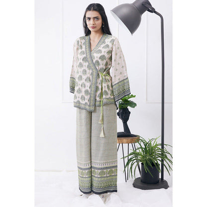 Soup by Sougat Paul Beige Mandarin Neck Printed Flared Sleeves Top with Palazzo