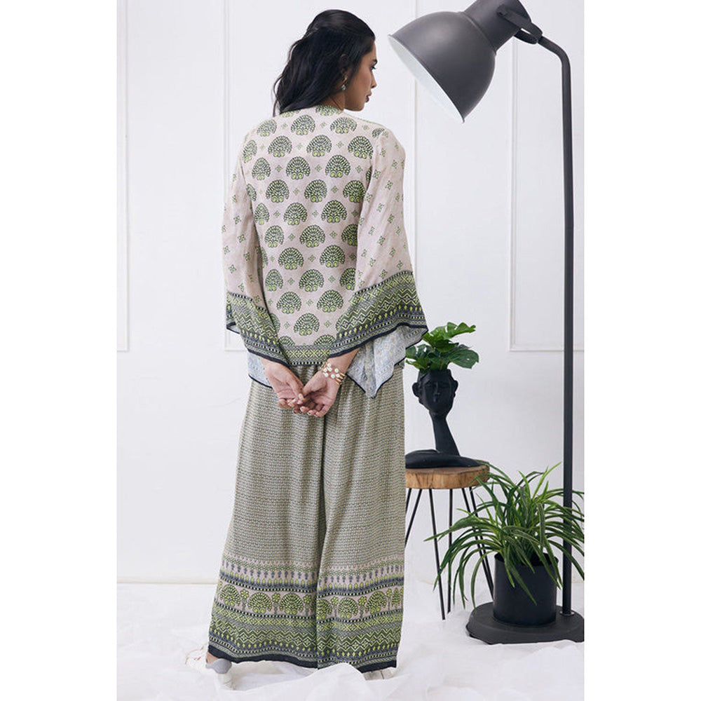 Soup by Sougat Paul Beige Mandarin Neck Printed Flared Sleeves Top with Palazzo