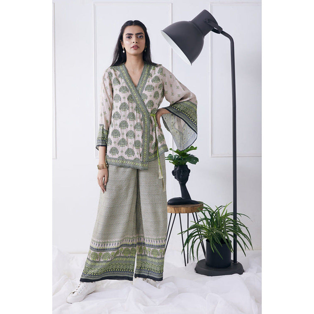 Soup by Sougat Paul Beige Mandarin Neck Printed Flared Sleeves Top with Palazzo