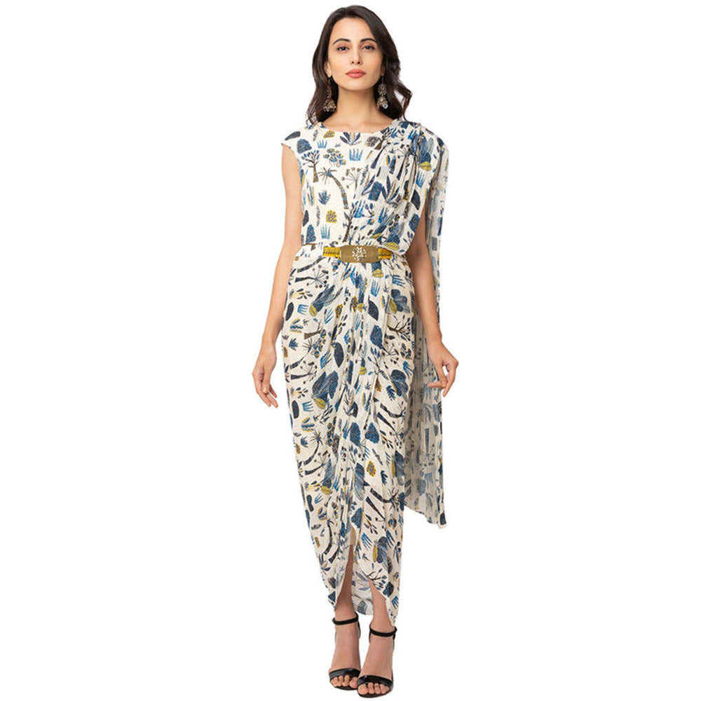 Soup by Sougat Paul Off White Tree Printed Drape Dress with Belt