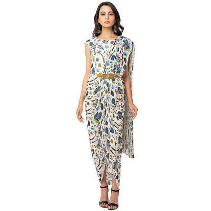 Soup by Sougat Paul Off White Tree Printed Drape Dress with Belt