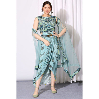 Soup by Sougat Paul Pastel Bloom Drape Dress Paired with Net Asymmetrical Cape