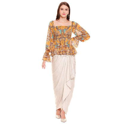 Soup by Sougat Paul Yellow Square Neck Printed Balloon Sleeve Top with Skirt