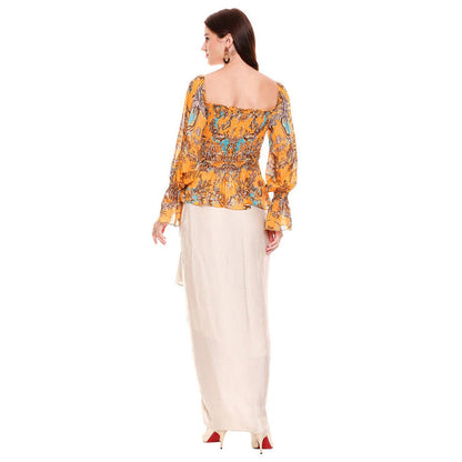 Soup by Sougat Paul Yellow Square Neck Printed Balloon Sleeve Top with Skirt