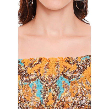 Soup by Sougat Paul Yellow Square Neck Printed Balloon Sleeve Top with Skirt