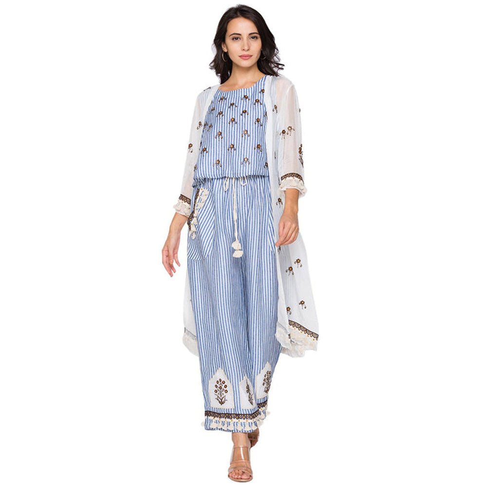 Soup by Sougat Paul Blue V-Neck Floral Three Fourth Sleeves Top with Palazzo and Jacket