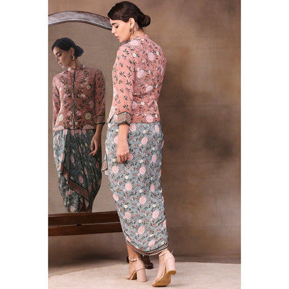 Soup by Sougat Paul Multi-Color Mandarin Neck Floral Three Fourth Sleeves Top with Skirt