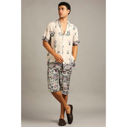 Soup by Sougat Paul Mens Beige Notched Lapel Floral Half Sleeves Shirt and Shorts Co-Ord Set