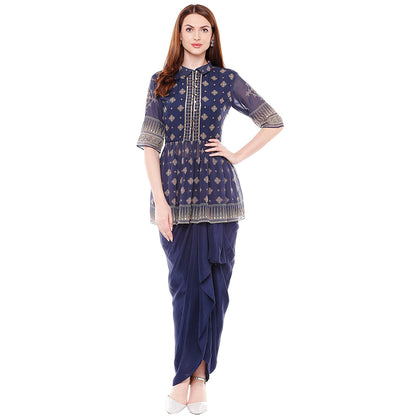 Soup by Sougat Paul Navy Blue Top With Drape Skirt (Set of 2)