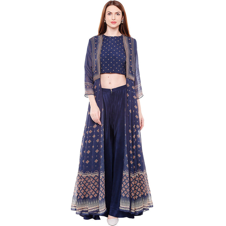 Soup by Sougat Paul Navy Blue Crop Top With Palazzo & Jacket (Set of 3)