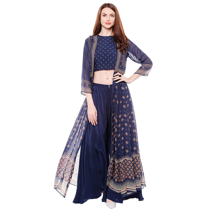 Soup by Sougat Paul Navy Blue Crop Top With Palazzo & Jacket (Set of 3)